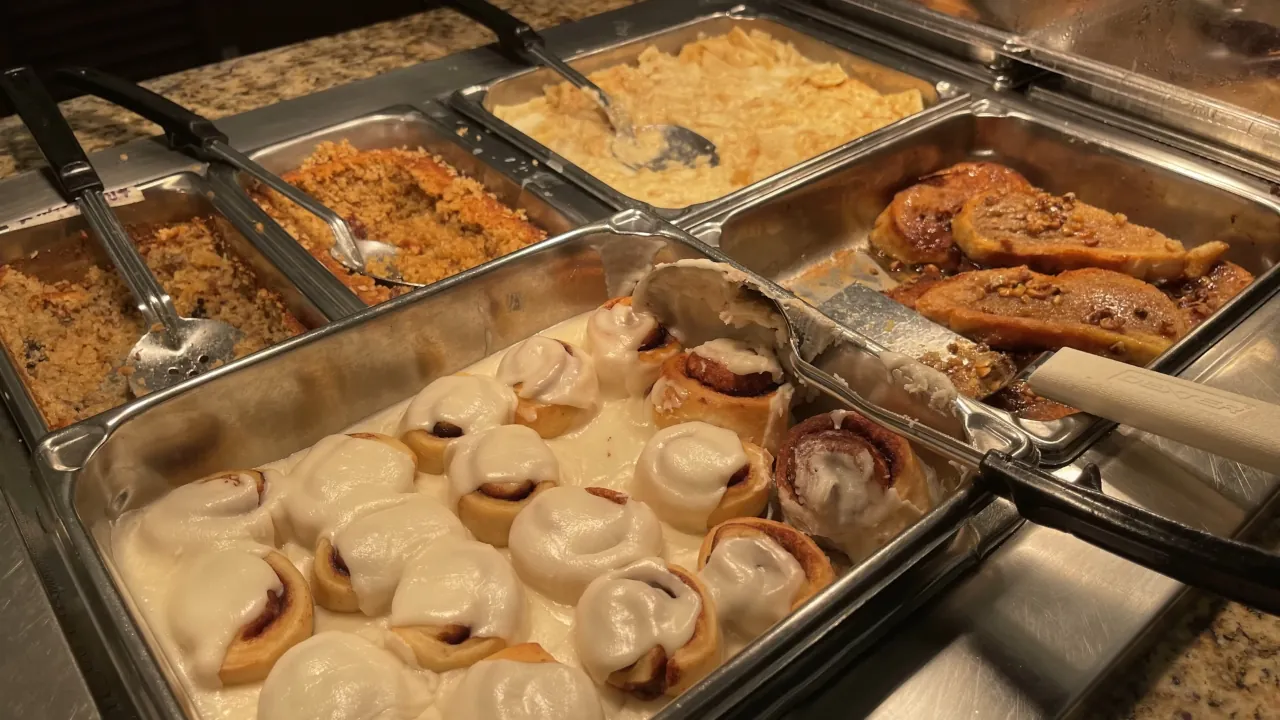 Cinnamon rolls and hot dishes sit on a Shipshewana Amish dinner buffet