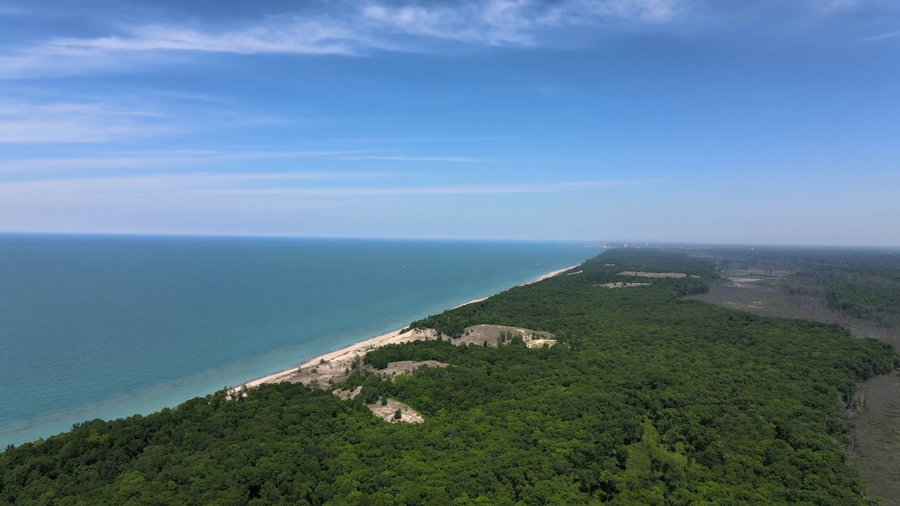 Aerial view of Indiana Dunes along the Lake Michigan shoreline