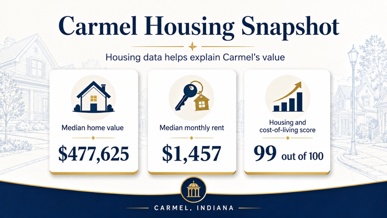 Carmel home value, rent, and cost score shown in a clean real estate data graphic