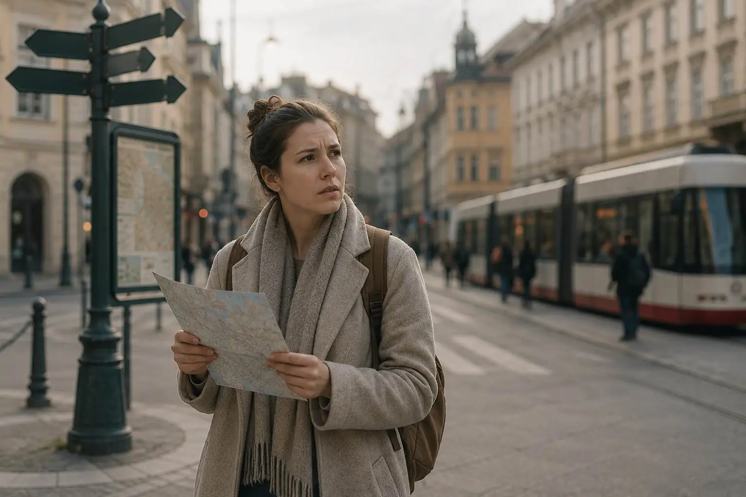 Employee using a map near a tram stop in a European city