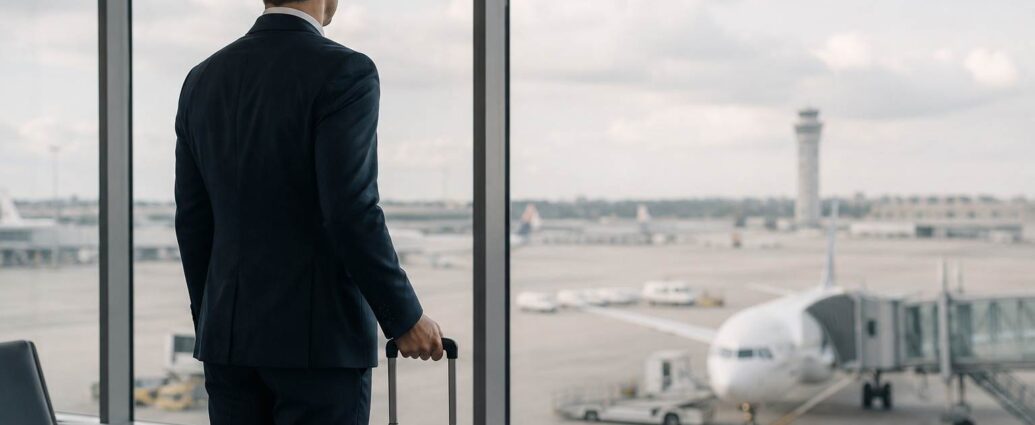 Business traveler waiting at an airport with a suitcase