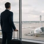 Business traveler waiting at an airport with a suitcase