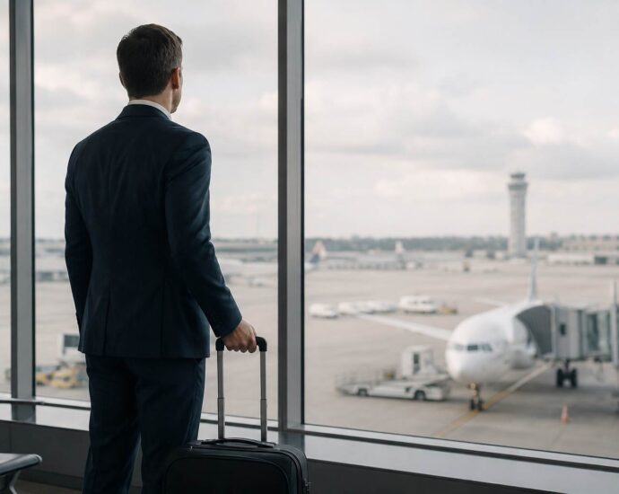 Business traveler waiting at an airport with a suitcase