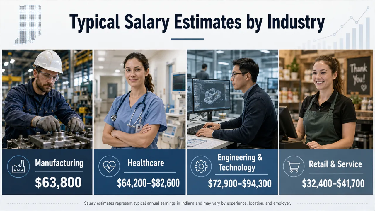Four Indiana workers show annual pay ranges across factory, healthcare, tech, retail, and service jobs