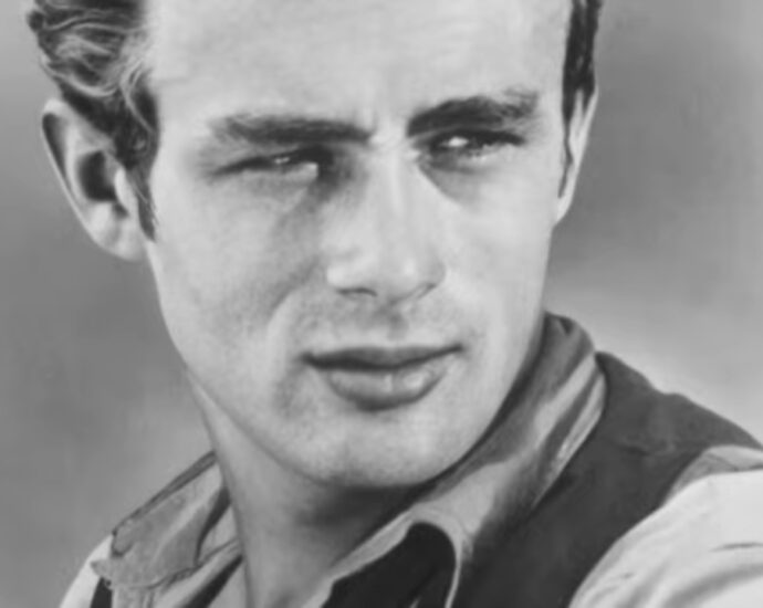 Black-and-white portrait of James Dean