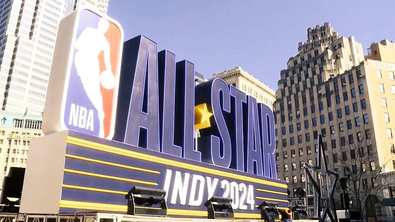 NBA All-Star Indy 2024 sign in downtown Indianapolis