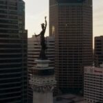 Downtown Indianapolis skyline and the Soldiers and Sailors Monument at sunset