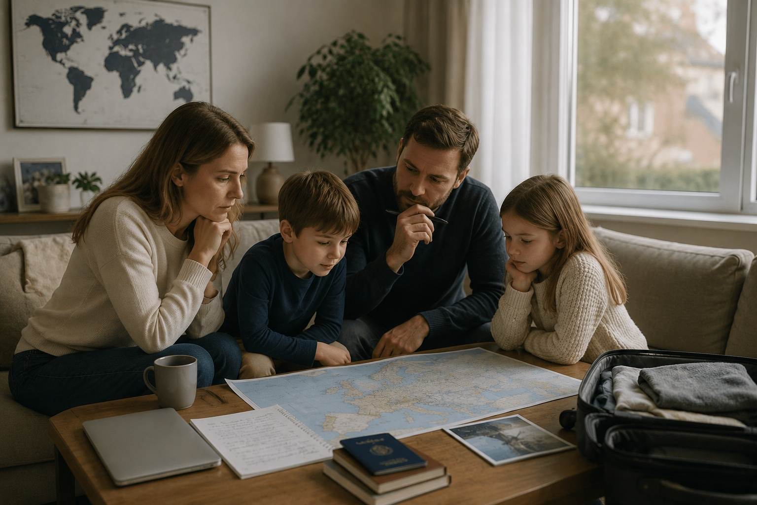 Family reviewing a map and travel plans at home