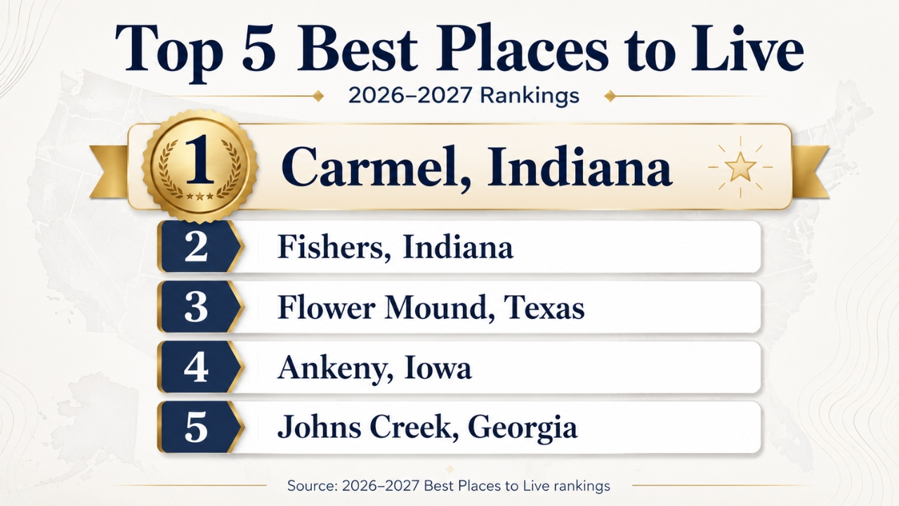 Top five best places to live list with Carmel, Indiana at number one