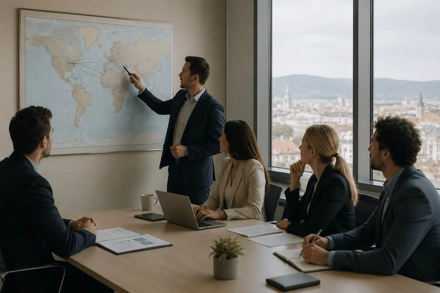 Business team discussing overseas work plans using a world map