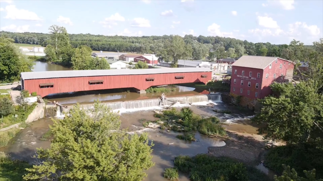 Bridgeton Covered Bridge and Mill sit beside a small waterfall in Parke County