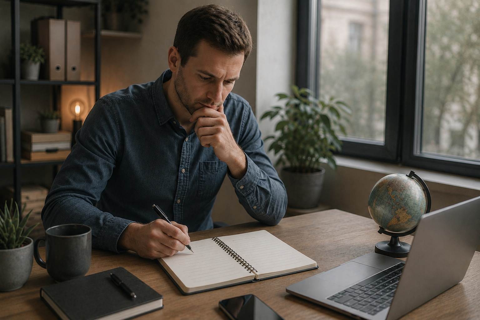 Man considering an international assignment while writing in a notebook